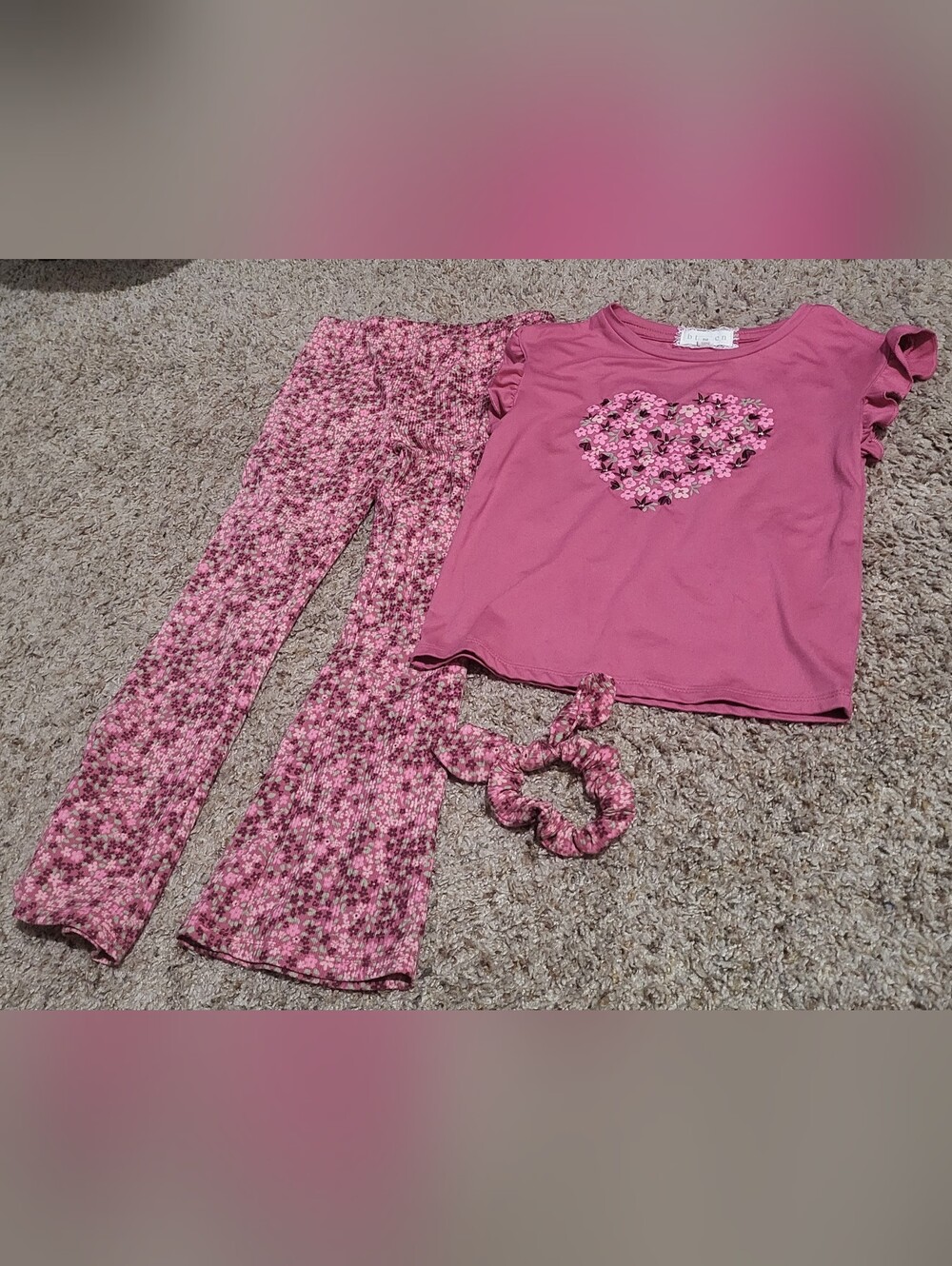 Girls Pink Flower Heart Set with Matching Scrunchie